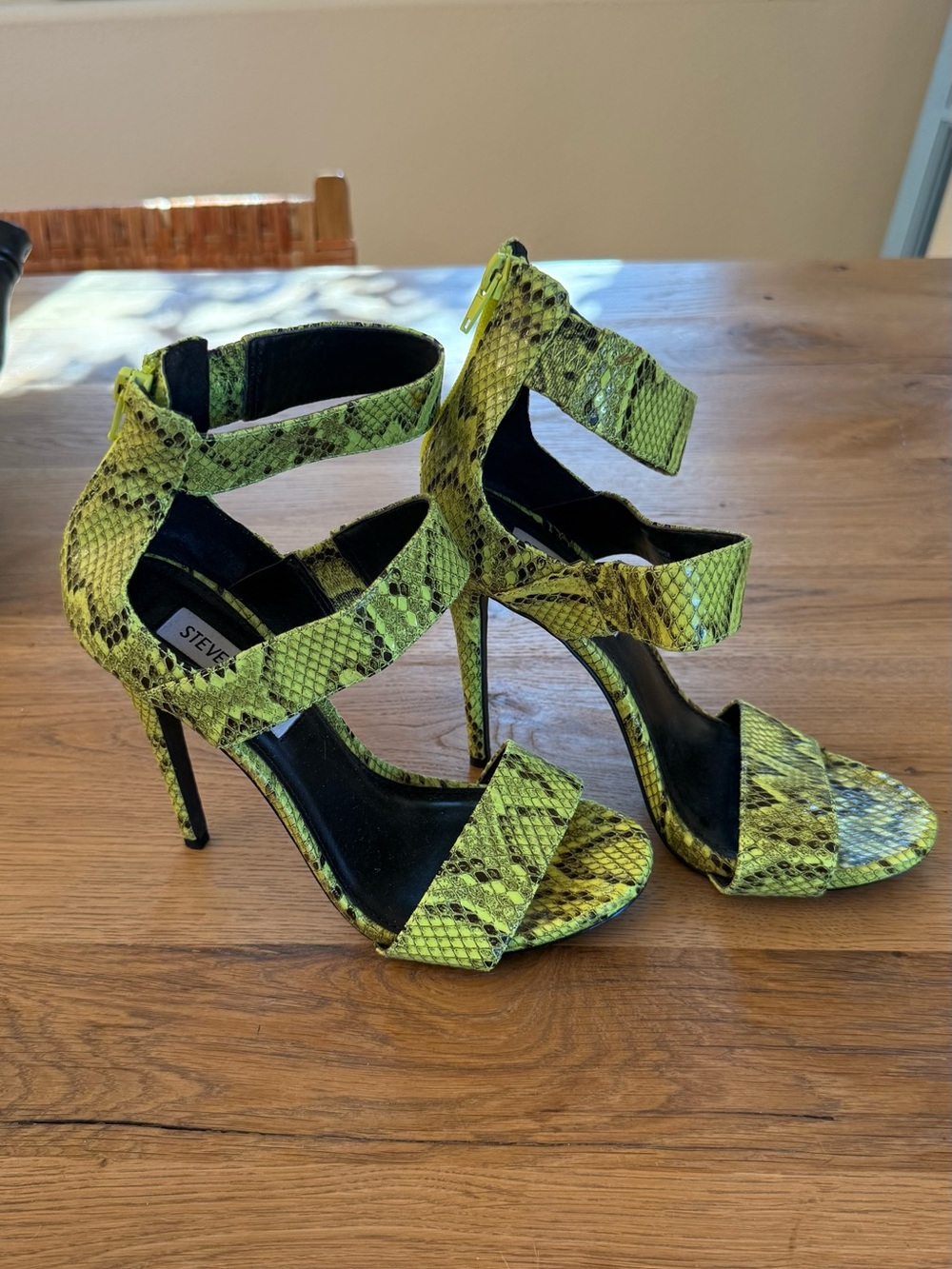 Steve Madden Neon Yellow-Green Snake Print Strappy Stiletto Heels
